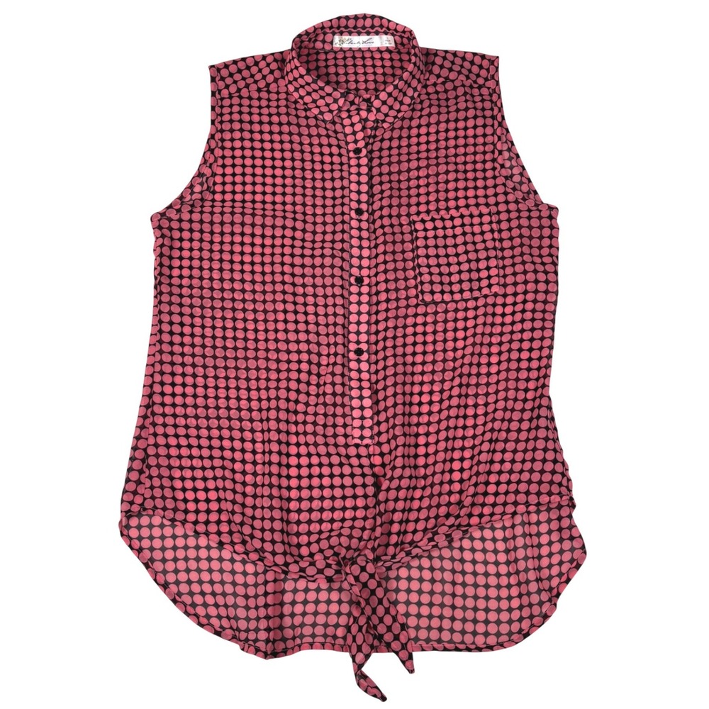Liberty Love Pink Black Polka Dot Tie Front Sleeveless Chiffon Blouse Large